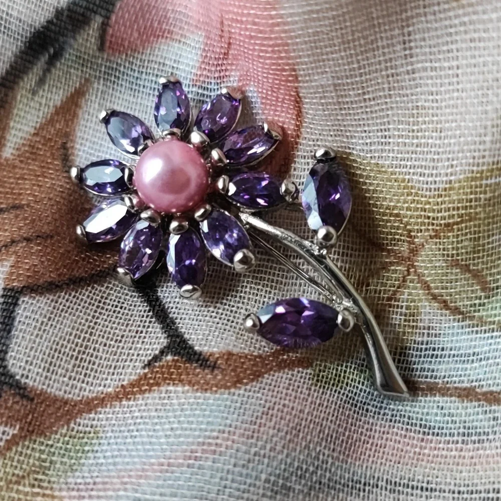 Amethyst Cubic Zirconia Purple Faux Pink Pearl Pin Brooch NEW